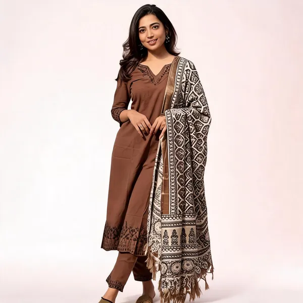 Brown_Cotton_slub_Regular_Fit_Kurta_Pant_With_Dupatta_Set_For_Women