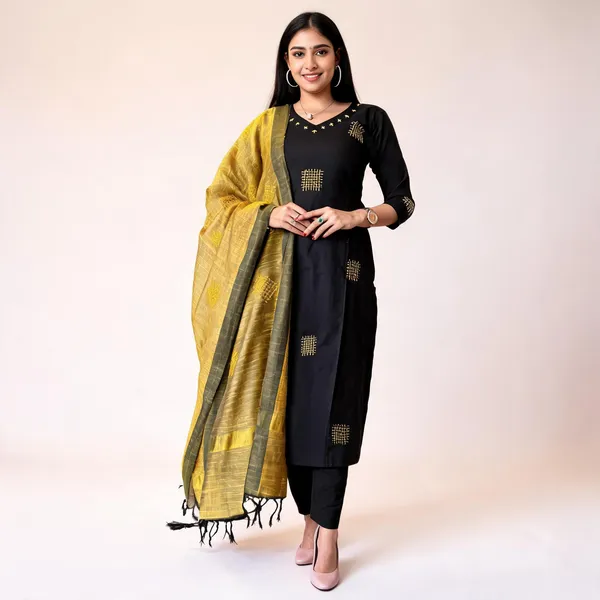 Black_Cotton_Embroidery_Kurta_Pant_Set_With_Linen_woven_Dupatta_For_Women