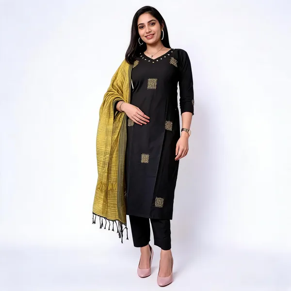 Black_Cotton_Embroidery_Kurta_Pant_Set_With_Linen_woven_Dupatta_For_Women