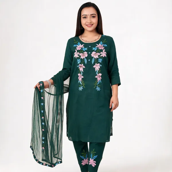 Bottel_Green_Cotton_Slub_Floral_Embroidery_Kurta_Pant_Set_With_Dupatta_For_Women