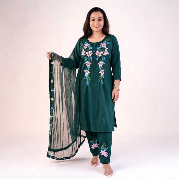 Bottel_Green_Cotton_Slub_Floral_Embroidery_Kurta_Pant_Set_With_Dupatta_For_Women