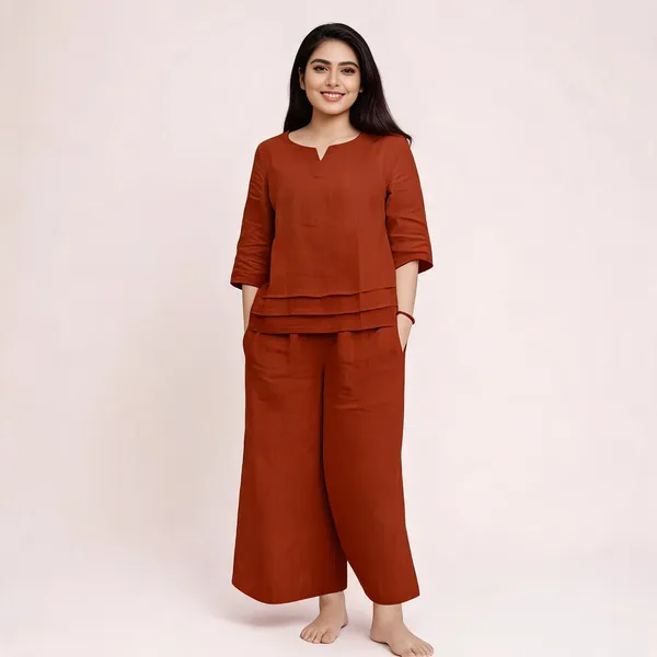 Rust_Cotton_Blend_Relaxed_Fit_Co_Ord_Set_For_Women
