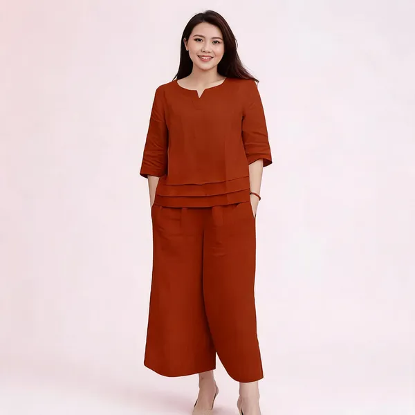 Rust_Cotton_Blend_Relaxed_Fit_Co_Ord_Set_For_Women