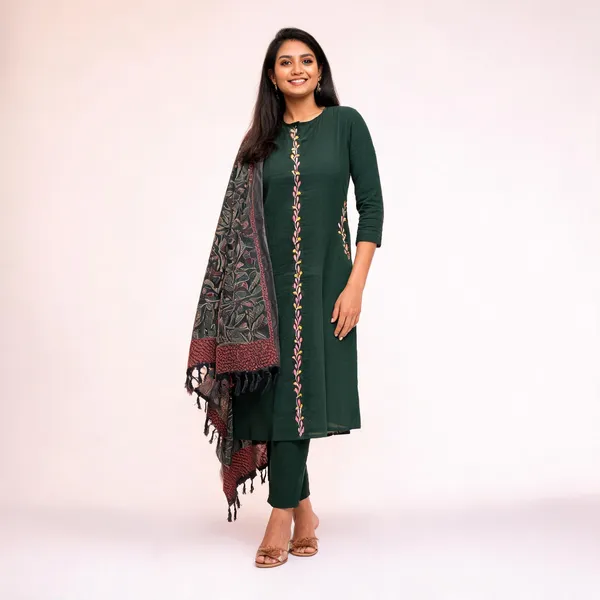 Bottel_Green_Cotton_Slub_Floral_Embroidery_Kurta_Pant_Set_With_Khadi_Silk_Digtel_Printed_Dupatta_For_Women