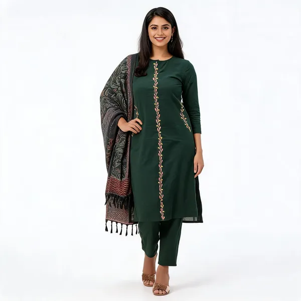 Bottel_Green_Cotton_Slub_Floral_Embroidery_Kurta_Pant_Set_With_Khadi_Silk_Digtel_Printed_Dupatta_For_Women