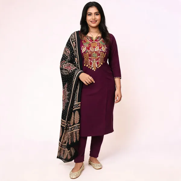 Purple_Cotton_60'60_Floral_Embriodery_Kurta_Set_With_Printed_Dupatta_For_Women