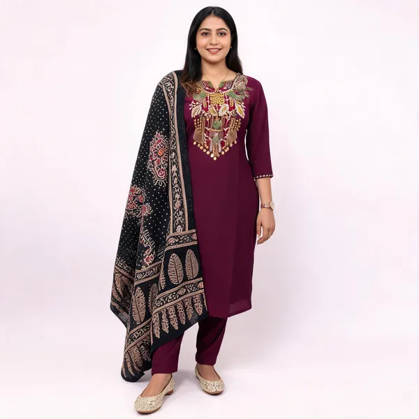 Purple_Cotton_60'60_Floral_Embriodery_Kurta_Set_With_Printed_Dupatta_For_Women