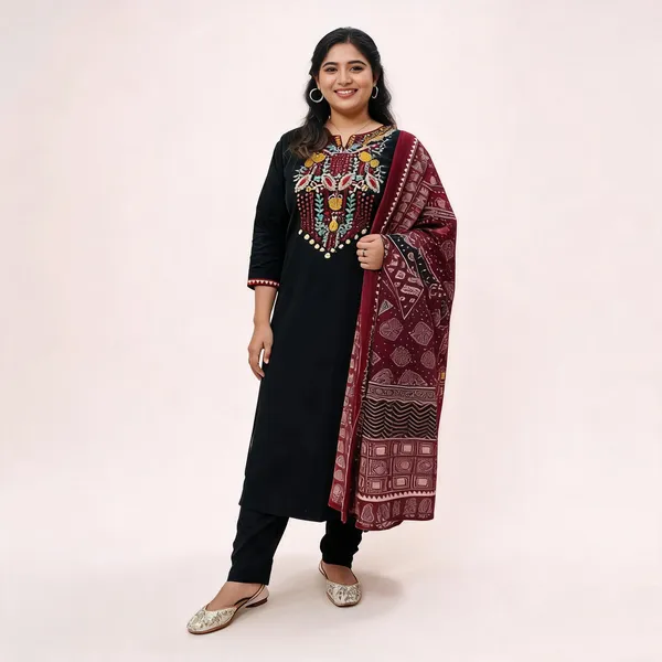 Black_Cotton_Floral_Embriodery_Kurta_Pant_Set_With_Printed_Dupatta_For_Women