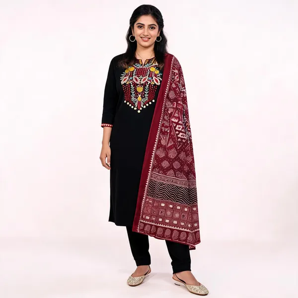Black_Cotton_Floral_Embriodery_Kurta_Pant_Set_With_Printed_Dupatta_For_Women