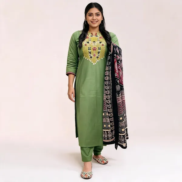 Light_Green_Cotton_Kurta_Pant_Set_With_Floral_Printed_Dupatta_For_Women