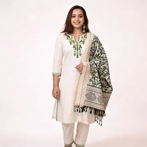 Off_White_Cotton_Flex_Floral_Embroidery_Kurta_Pant_Set_With_Dupatta_For_Women