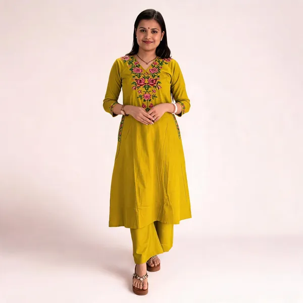 Yellow_Pure_Cotton_Floral_Embroidered_V_Neck_A-Line_Kurta_Pant_For_Women