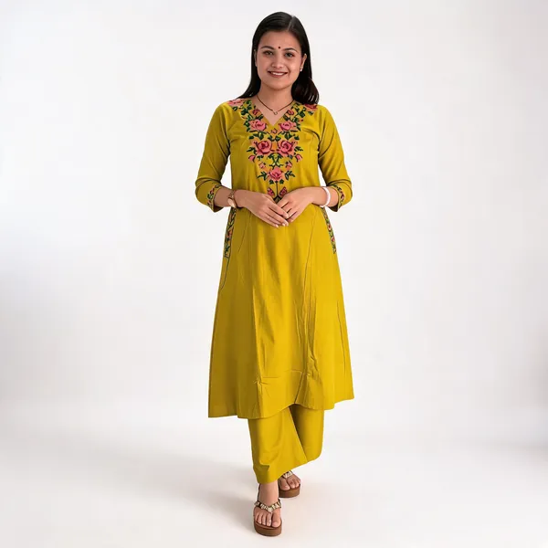 Yellow_Pure_Cotton_Floral_Embroidered_V_Neck_A-Line_Kurta_Pant_For_Women