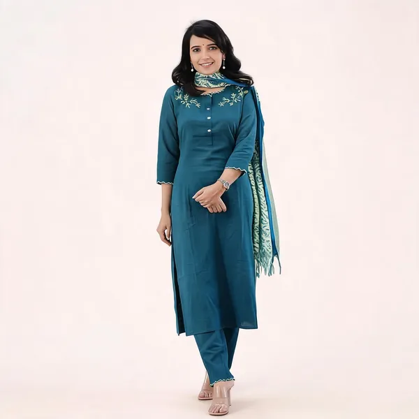 Teal_Blue_Cotton_Slub_Kurta_Pant_Set_With_Khadi_Silk_Digitel_Printed_Dupatta_For_Women