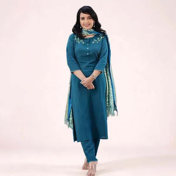 Teal_Blue_Cotton_Slub_Kurta_Pant_Set_With_Khadi_Silk_Digitel_Printed_Dupatta_For_Women