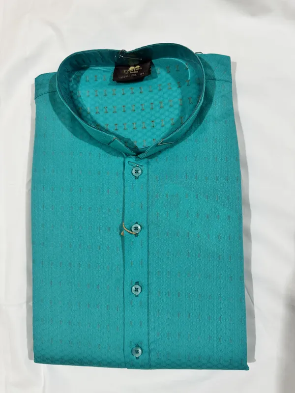 Teal_Silk_Blend_Jacquard_Straight_Mandarin_Collar_Kurta_For_Men