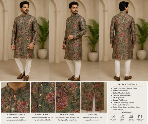 Green_Polyester_blend_Floral_Printed_Straight_Kurta_For_Men