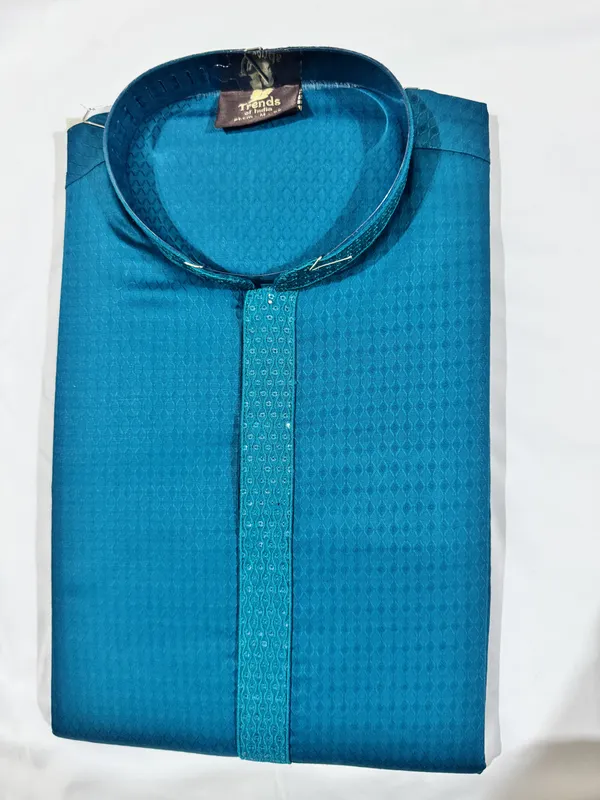 Teal_Satin_Self_Print_Mandarin_Collar_Kurta_For_Men