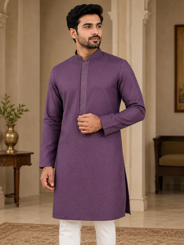 Purple_Silk_Blend_Self_Print_Nehru_Collar_Kurta_For_Men