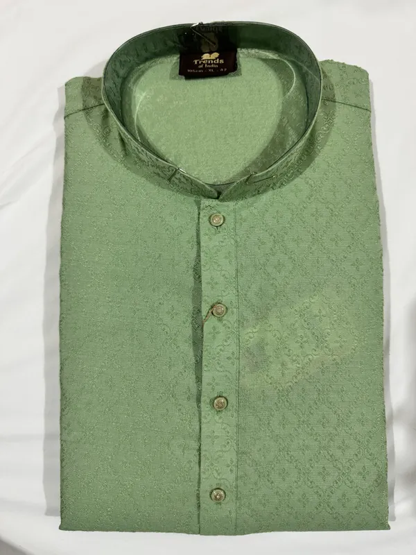 Green_Jacquard_Straight_Self_Print_Mandarin_Collar_Kurta_For_Men