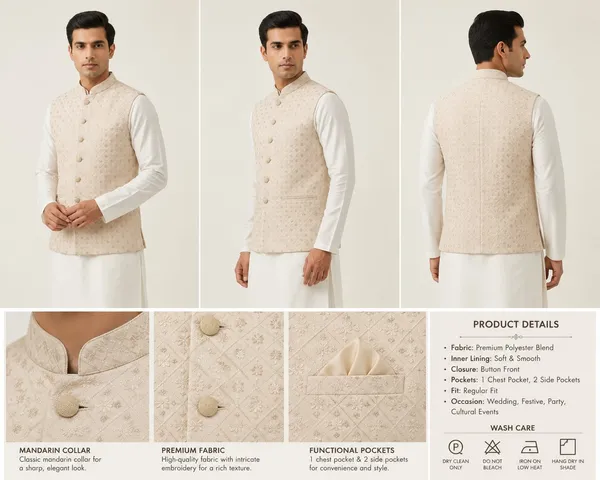 White_Jacquard_Embroidered_Nehru_Collar_Sleeveless_Jacket_For_Men