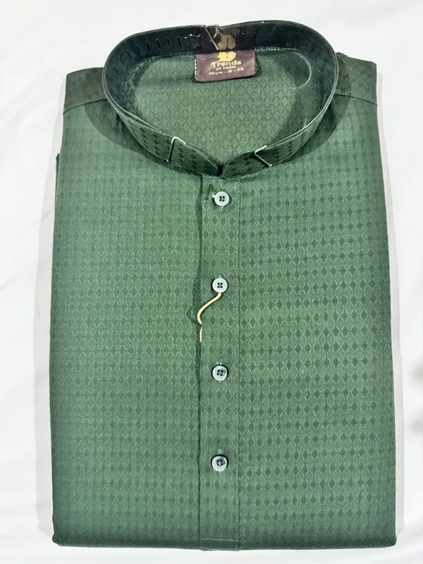 Green_Silk_Blend_Jacquard_Straight_Mandarin_Collar_Kurta_For_Men