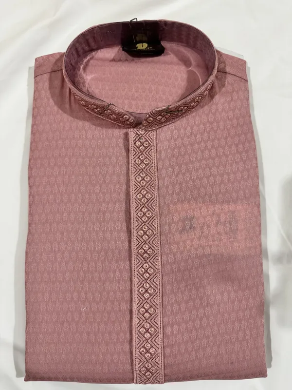 Pink_Silk_Blend_Self_Textured_Embroidered_Mandarin_Collar_Kurta_For_Men