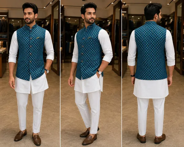 Teal_Sequin_Embroidery_Floral_Printed_Nehru_Collar_Sleeveless_Jacket_For_Men
