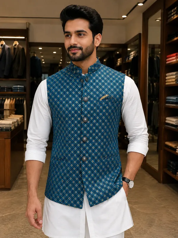 Teal_Sequin_Embroidery_Floral_Printed_Nehru_Collar_Sleeveless_Jacket_For_Men