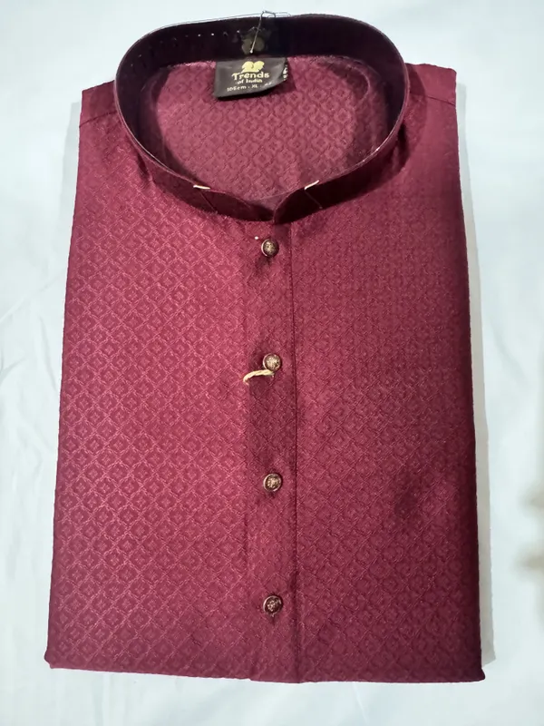 Maroon_Silk_Blend_Jacquard_Mandarin_Collar_Kurta_For_Men