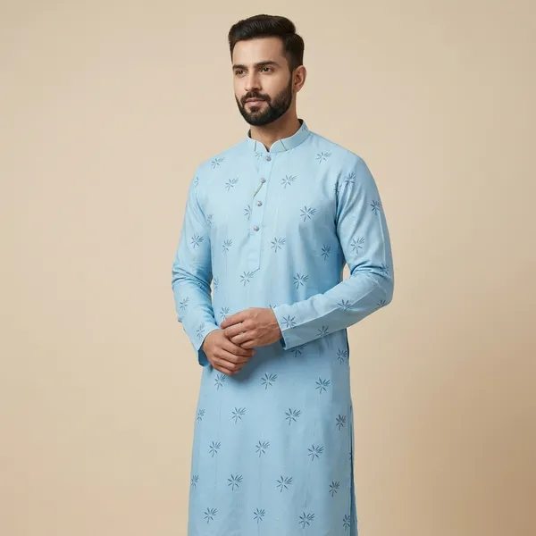 Blue_Cotton_Straight_Printed_Mandarin_Collar_Kurta_For_Men