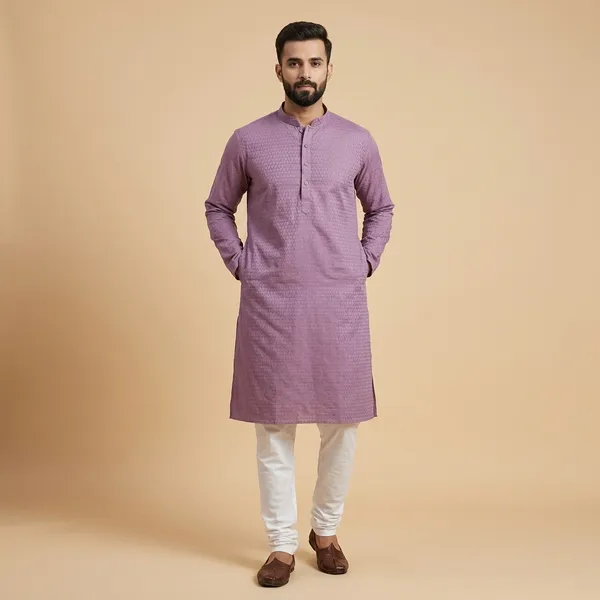 Purple_Cotton_Self_Print_Mandarin_Collar_Kurta_For_Men