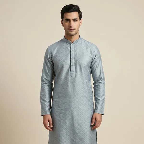Grey_Jacquard_Straight_Self_Print_Mandarin_Collar_Kurta_For_Men