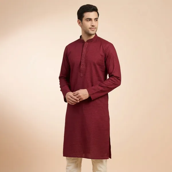 Maroon_Cotton_Self_Print_Mandarin_Collar_Kurta_For_Men