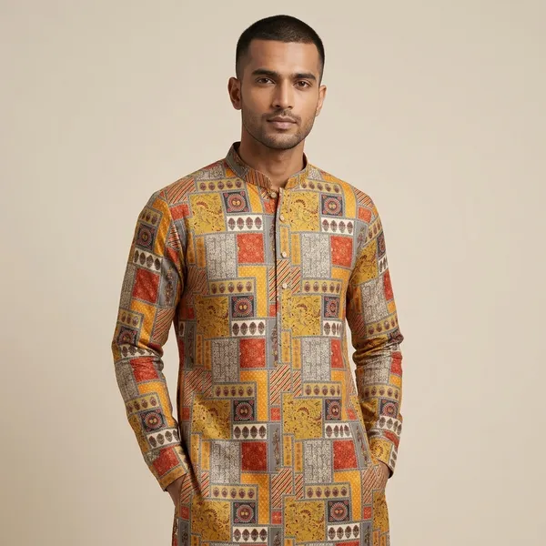 Multicolor_Cotton_Printed_Mandarin_Collar_Kurta_For_Men