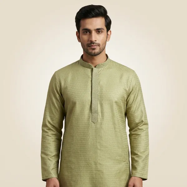 Olive_Green_Silk_Blend_Self_Design_Mandarin_Collar_Kurta_For_Men