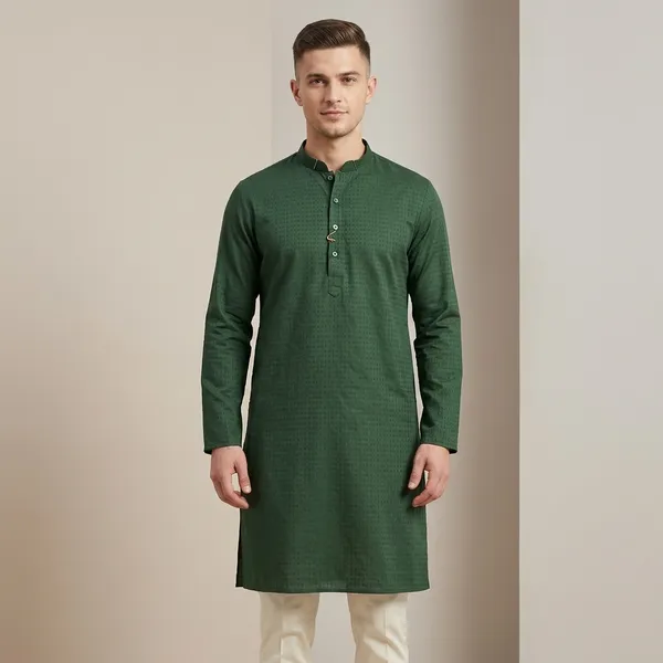 Green_Silk_Blend_Jacquard_Straight_Mandarin_Collar_Kurta_For_Men