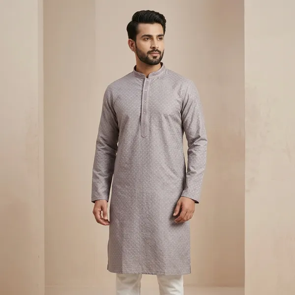 Grey_Silk_Blend_Woven_Straight_Nehru_Collar_Kurta_For_Men