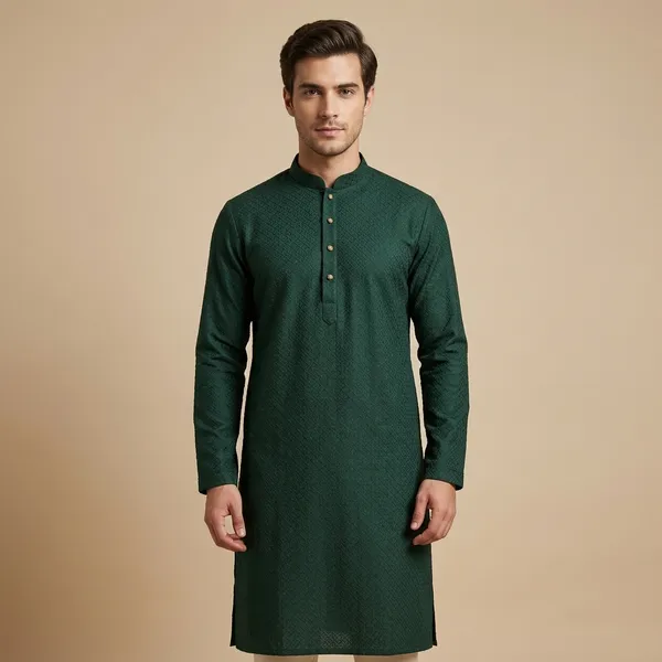 Bottle_Green_Silk_Blend_Jacquard_Mandarin_Collar_Kurta_For_Men