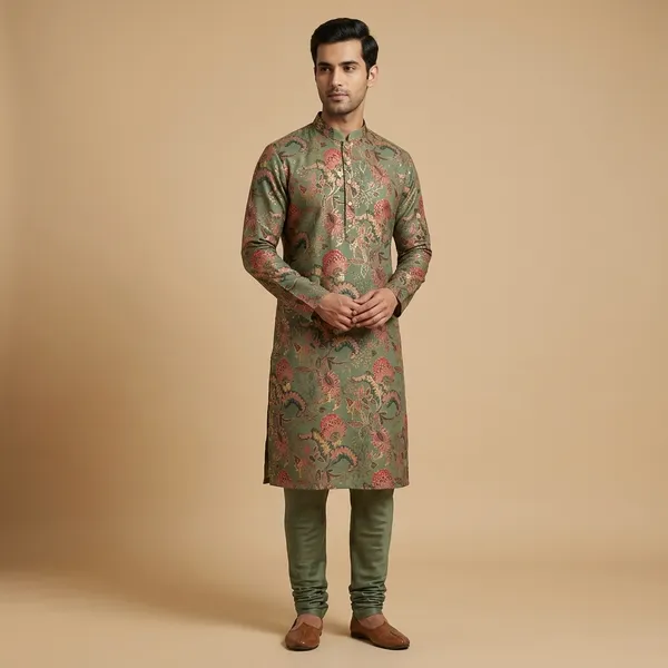 Green_Polyester_blend_Floral_Printed_Straight_Kurta_For_Men