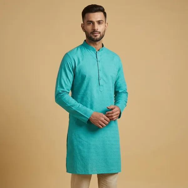 Teal_Silk_Blend_Jacquard_Straight_Mandarin_Collar_Kurta_For_Men