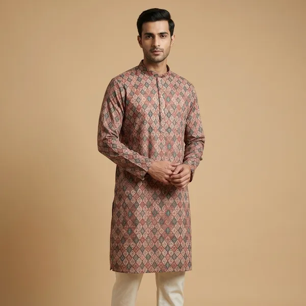 Multicolor_Cotton_Printed_Mandarin_Collar_Kurta_For_Men
