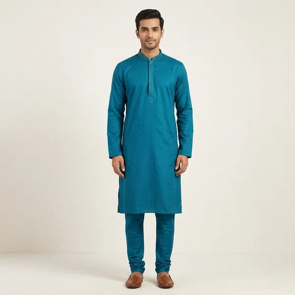 Teal_Satin_Self_Print_Mandarin_Collar_Kurta_For_Men