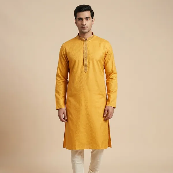 Yellow_Silk_Blend_Embroidered_Mandarin_Collar_Kurta_For_Men