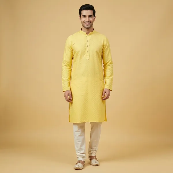Yellow_Silk_Blend_Self_Textured_Mandarin_Collar_Kurta_For_Men
