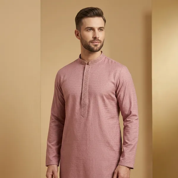 Pink_Silk_Blend_Self_Textured_Embroidered_Mandarin_Collar_Kurta_For_Men