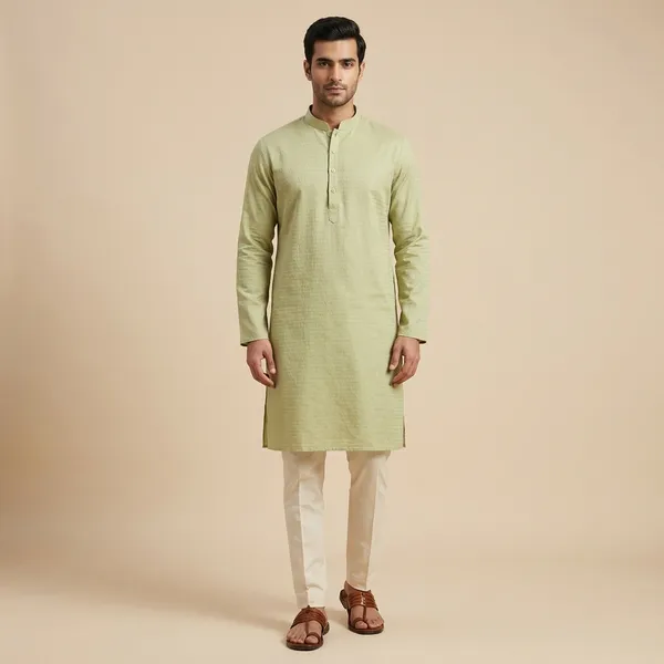 Olive_Green_Cotton_Straight_Mandarin_Collar_Kurta_For_Men