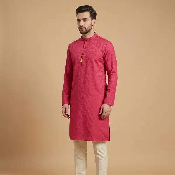 Pink_Silk_Blend_Straight_Mandarin_Collar_Kurta_For_Men