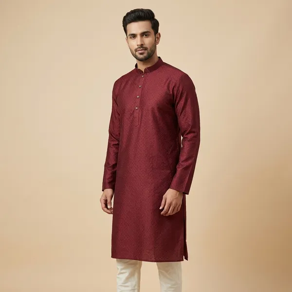 Maroon_Silk_Blend_Jacquard_Mandarin_Collar_Kurta_For_Men
