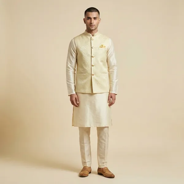 Cream_Jacquard_Embroidery_Nehru_Collar_Sleeveless_Ethnic_Jacket_For_Men